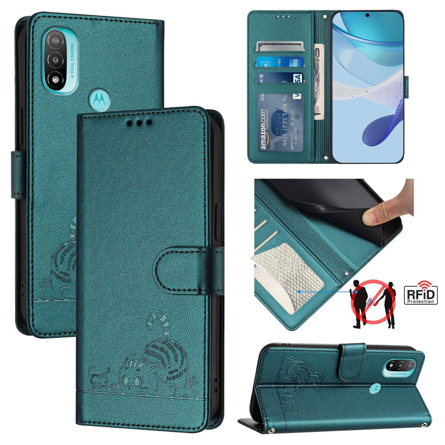 Motorola Moto E30 Leather Phone Case with Cat and Rat Embossed Pattern, RFID Protection, Card Holder Slots, Anti-fall Feature & Lanyard