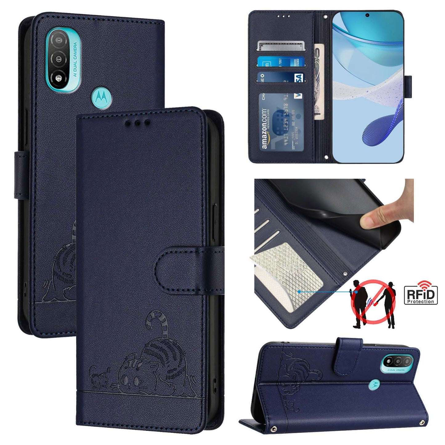 Motorola Moto E20 Leather Phone Case with Cat and Rat Embossed Pattern, RFID Protection, Card Holder Slots, Anti-fall Feature & Lanyard