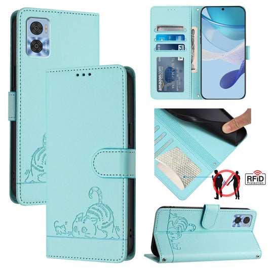 Motorola Moto E22i 4G Leather Phone Case with Cat and Rat Embossed Pattern, RFID Protection, Card Holder Slots, Anti-fall Feature & Lanyard