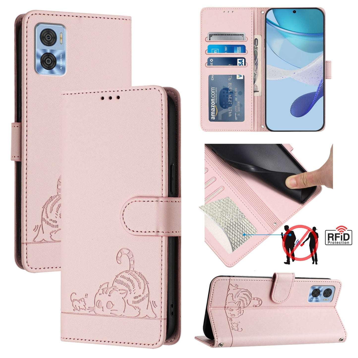 Motorola Moto E22 4G Leather Phone Case with Cat and Rat Embossed Pattern, RFID Protection, Card Holder Slots, Anti-fall Feature & Lanyard