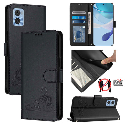 Motorola Moto E22 4G Leather Phone Case with Cat and Rat Embossed Pattern, RFID Protection, Card Holder Slots, Anti-fall Feature & Lanyard