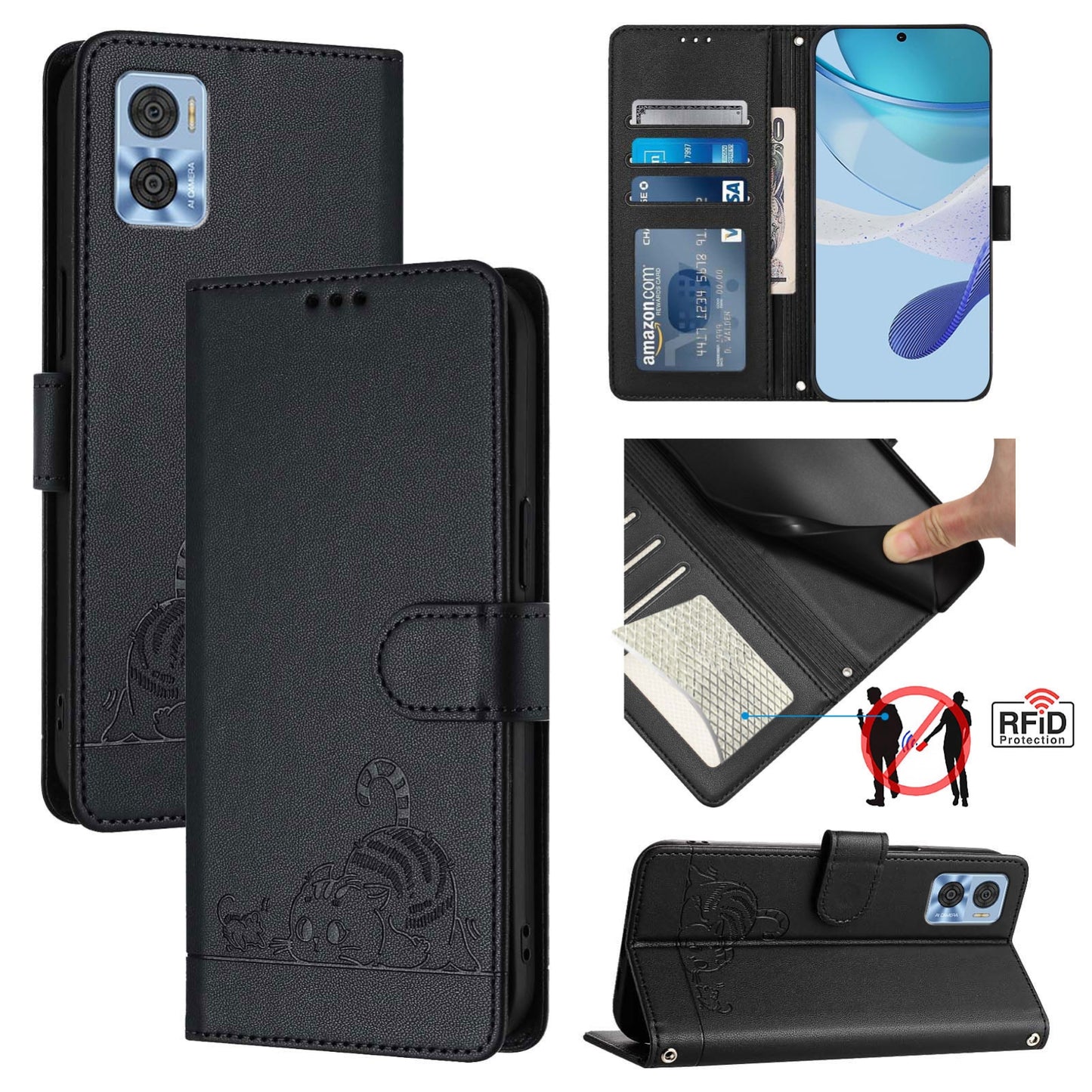 Motorola Moto E22i 4G Leather Phone Case with Cat and Rat Embossed Pattern, RFID Protection, Card Holder Slots, Anti-fall Feature & Lanyard