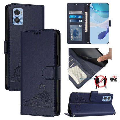 Motorola Moto E22 4G Leather Phone Case with Cat and Rat Embossed Pattern, RFID Protection, Card Holder Slots, Anti-fall Feature & Lanyard