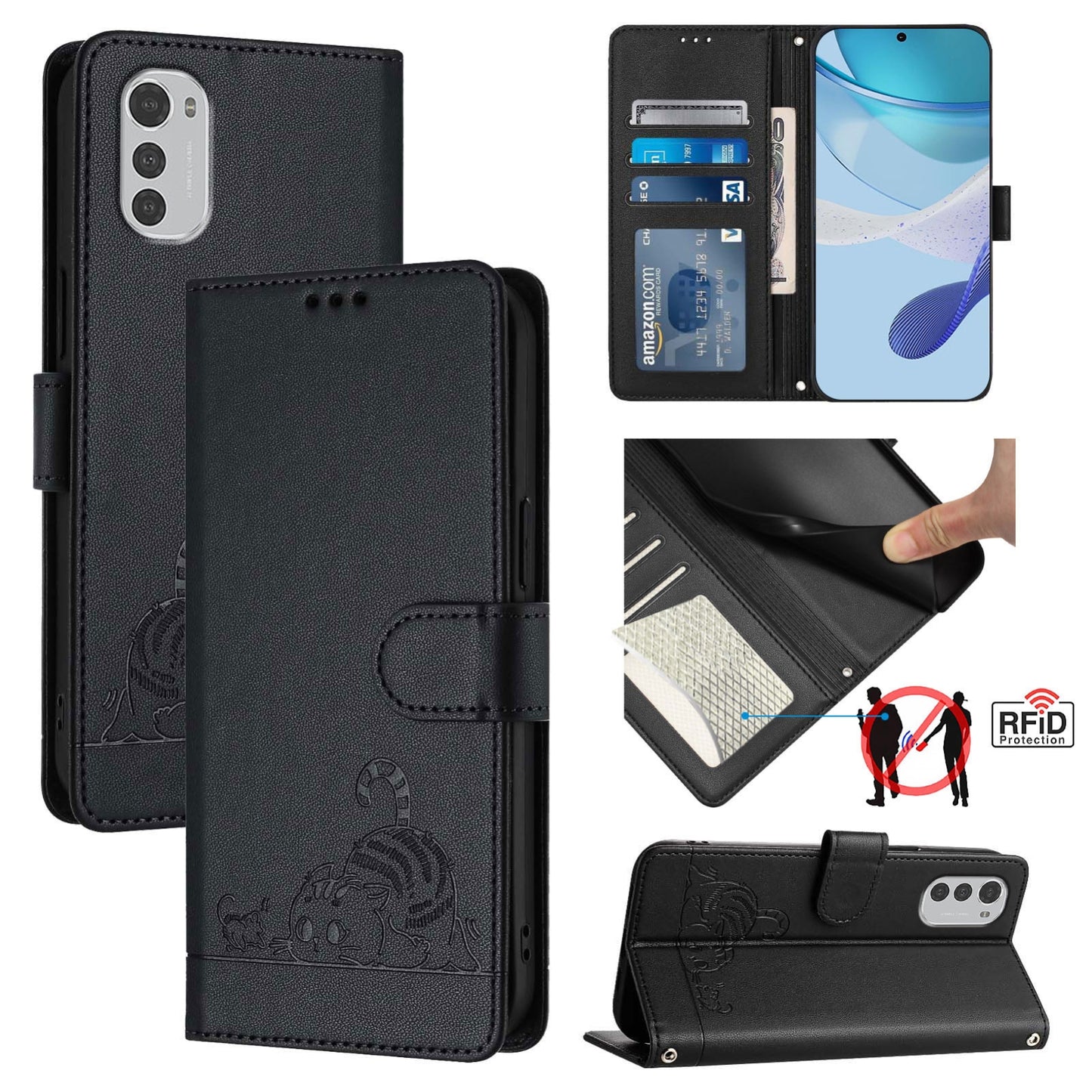Motorola Moto E32 4G Global Leather Phone Case with Cat and Rat Embossed Pattern, RFID Protection, Card Holder Slots, Anti-fall Feature & Lanyard