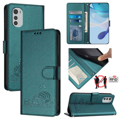 Motorola Moto E32 4G Global Leather Phone Case with Cat and Rat Embossed Pattern, RFID Protection, Card Holder Slots, Anti-fall Feature & Lanyard