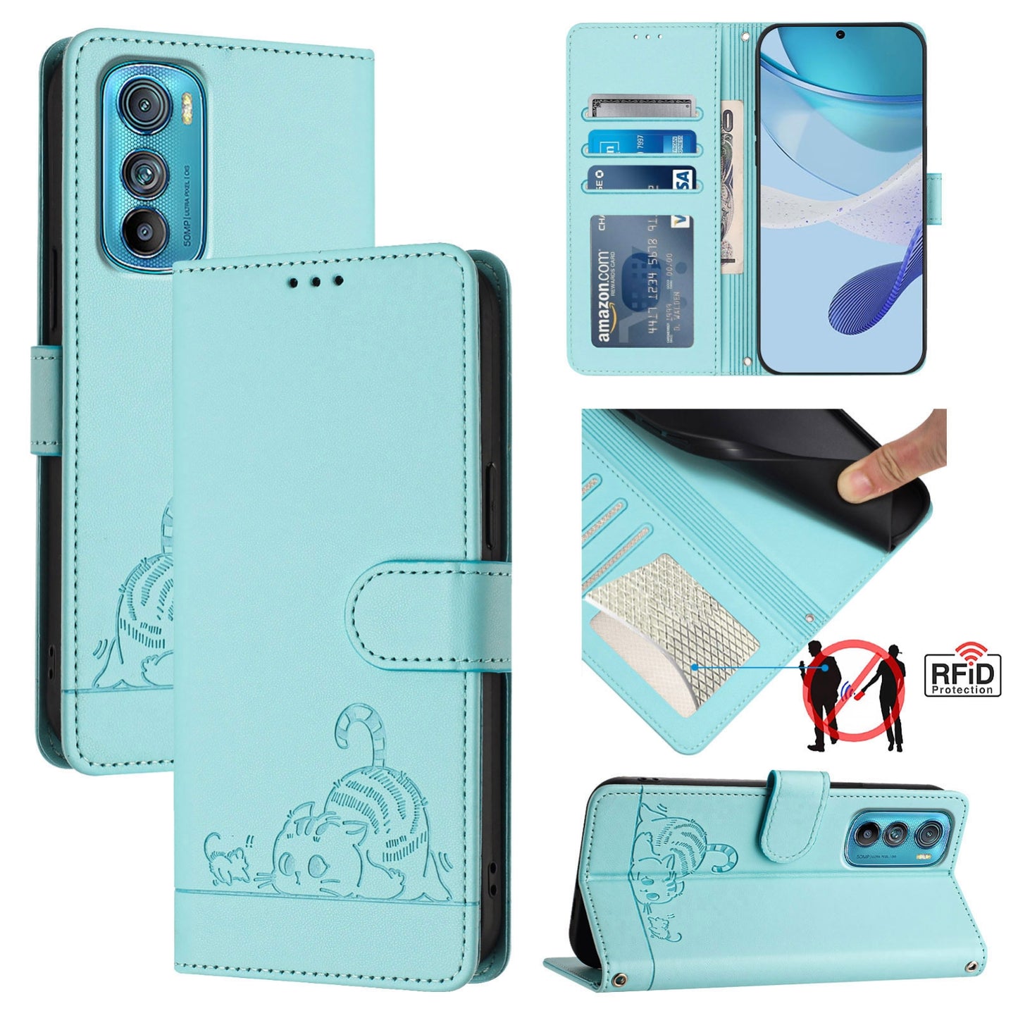 Motorola Edge 30 Leather Phone Case with Cat and Rat Embossed Pattern, RFID Protection, Card Holder Slots, Anti-fall Feature & Lanyard