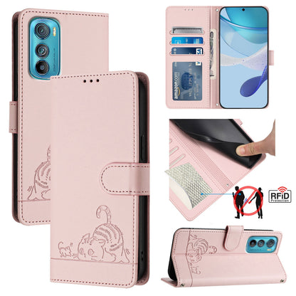 Motorola Edge 30 Leather Phone Case with Cat and Rat Embossed Pattern, RFID Protection, Card Holder Slots, Anti-fall Feature & Lanyard