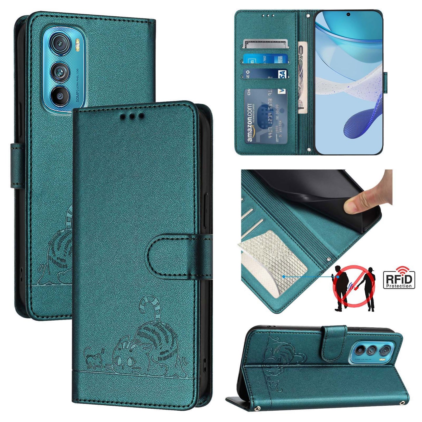 Motorola Edge 30 Leather Phone Case with Cat and Rat Embossed Pattern, RFID Protection, Card Holder Slots, Anti-fall Feature & Lanyard