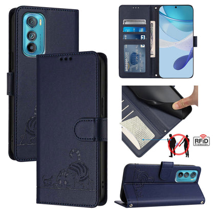 Motorola Edge 30 Leather Phone Case with Cat and Rat Embossed Pattern, RFID Protection, Card Holder Slots, Anti-fall Feature & Lanyard