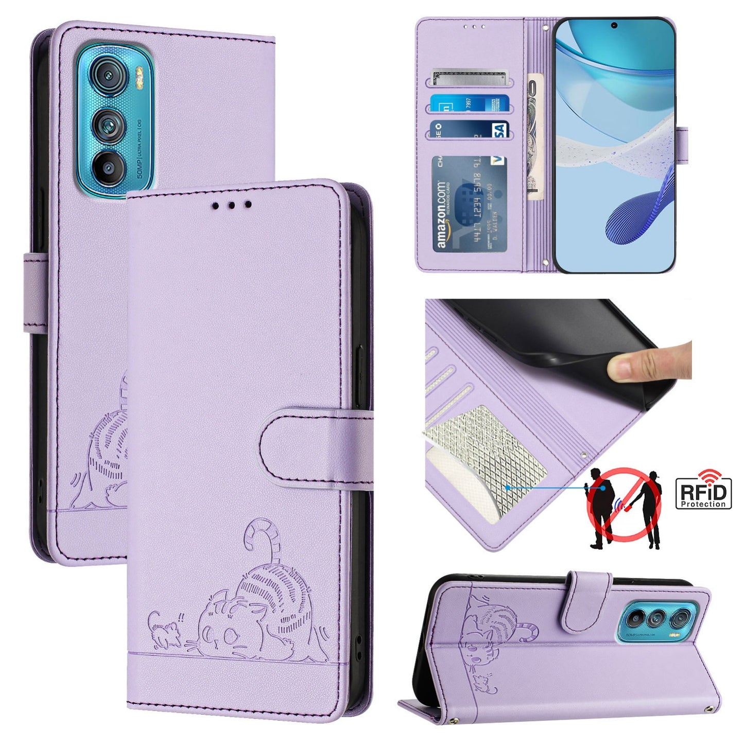 Motorola Edge 30 Leather Phone Case with Cat and Rat Embossed Pattern, RFID Protection, Card Holder Slots, Anti-fall Feature & Lanyard