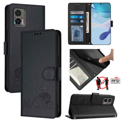 Motorola Edge 30 Neo Leather Phone Case with Cat and Rat Embossed Pattern, RFID Protection, Card Holder Slots, Anti-fall Feature & Lanyard