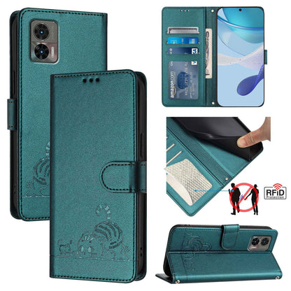 Motorola Edge 30 Neo Leather Phone Case with Cat and Rat Embossed Pattern, RFID Protection, Card Holder Slots, Anti-fall Feature & Lanyard