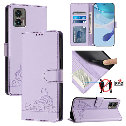 Motorola Edge 30 Neo Leather Phone Case with Cat and Rat Embossed Pattern, RFID Protection, Card Holder Slots, Anti-fall Feature & Lanyard