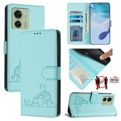 Motorola Edge 40 5G Global Leather Phone Case with Cat and Rat Embossed Pattern, RFID Protection, Card Holder Slots, Anti-fall Feature & Lanyard