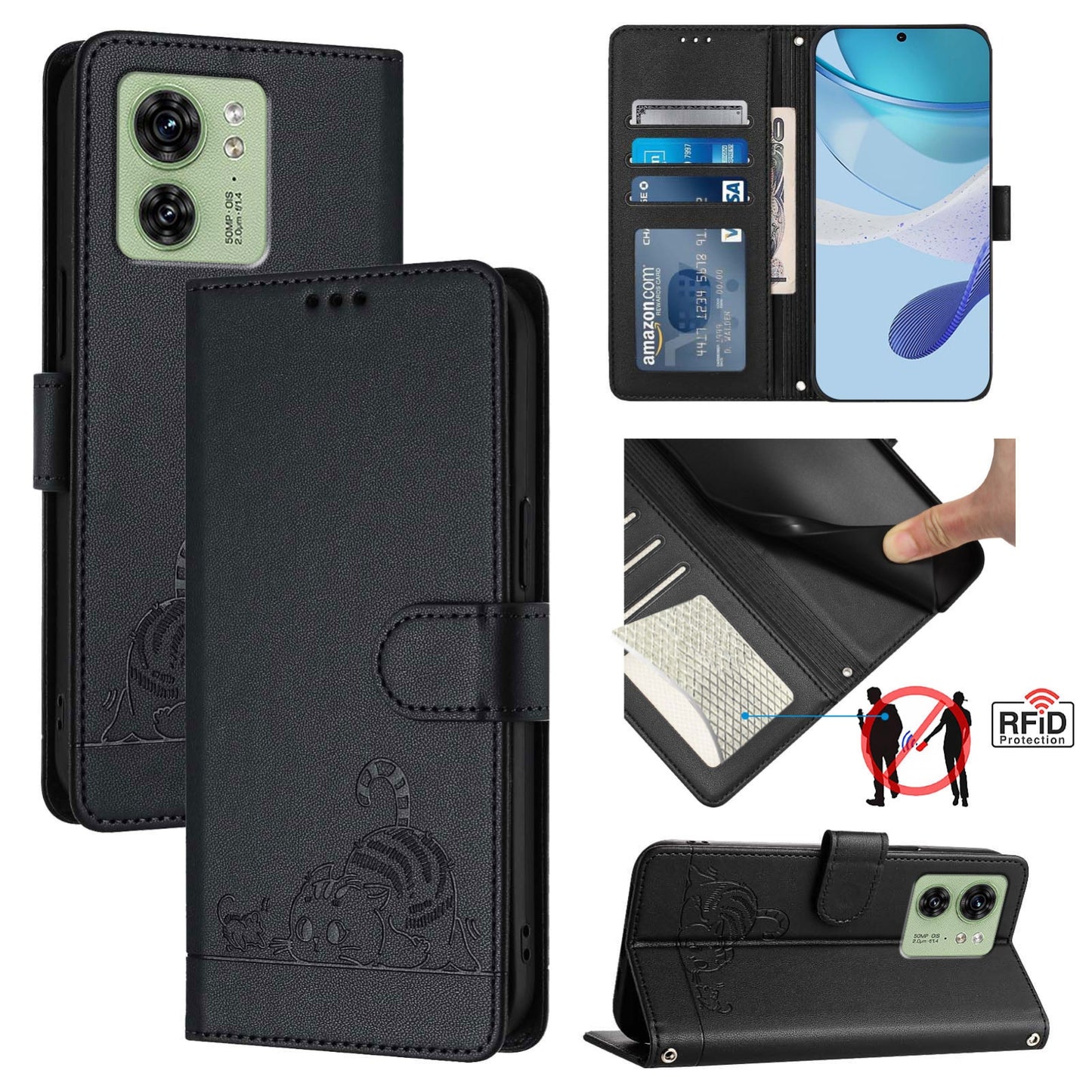 Motorola Edge 40 5G Global Leather Phone Case with Cat and Rat Embossed Pattern, RFID Protection, Card Holder Slots, Anti-fall Feature & Lanyard