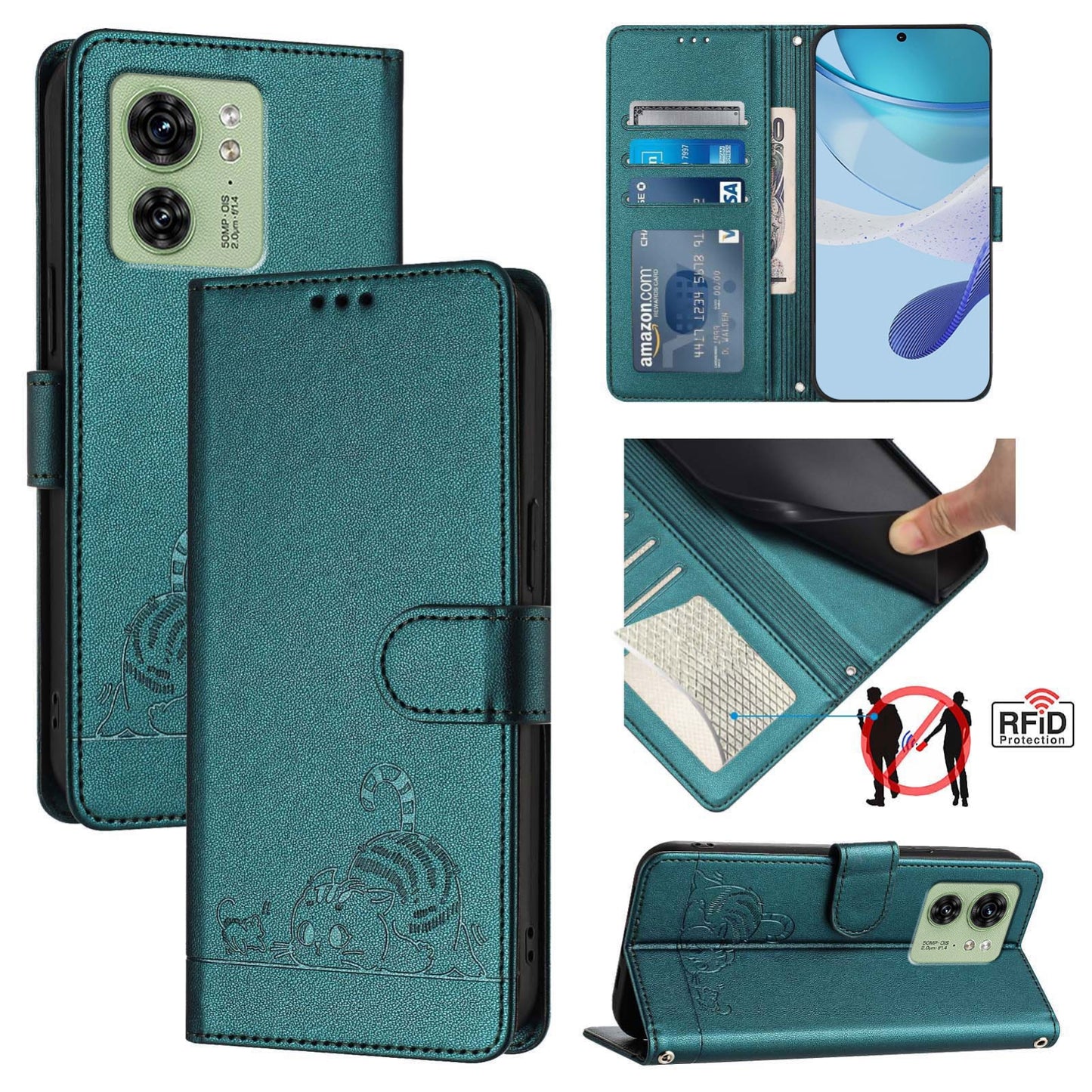 Motorola Edge 40 5G Global Leather Phone Case with Cat and Rat Embossed Pattern, RFID Protection, Card Holder Slots, Anti-fall Feature & Lanyard