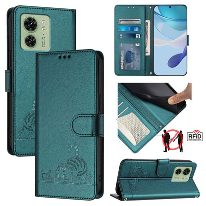 Motorola Edge 40 5G Global Leather Phone Case with Cat and Rat Embossed Pattern, RFID Protection, Card Holder Slots, Anti-fall Feature & Lanyard