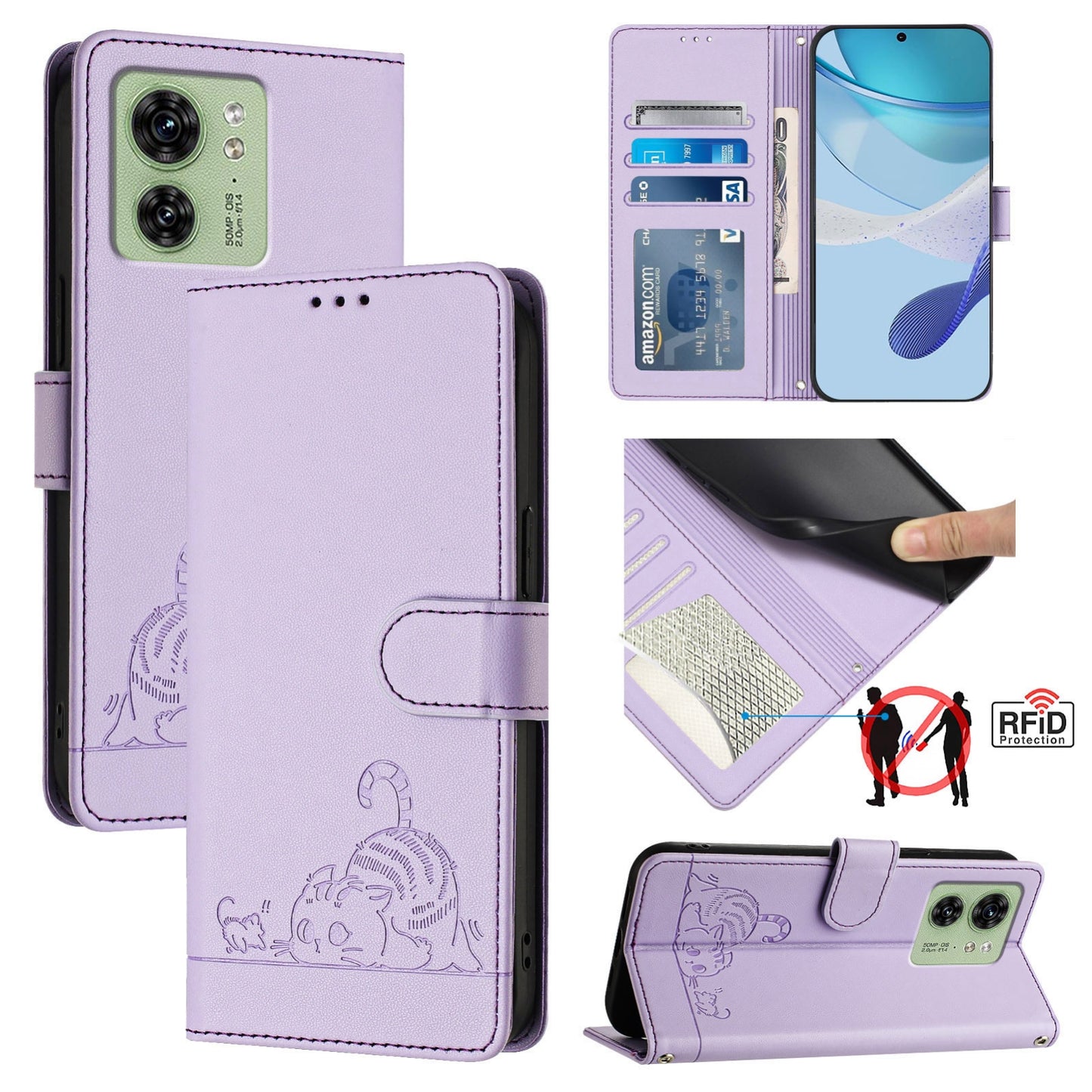 Motorola Edge 2023 North US Version Leather Phone Case with Cat and Rat Embossed Pattern, RFID Protection, Card Holder Slots, Anti-fall Feature & Lanyard