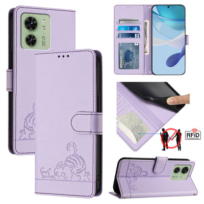 Motorola Edge 2023 North US Version Leather Phone Case with Cat and Rat Embossed Pattern, RFID Protection, Card Holder Slots, Anti-fall Feature & Lanyard