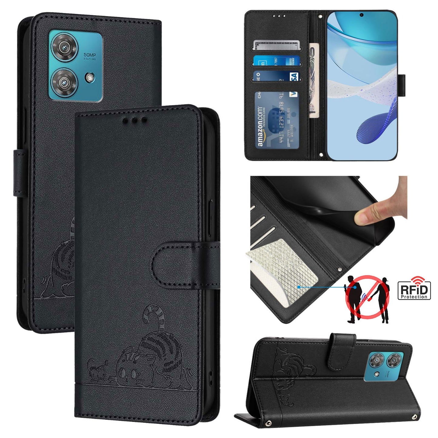 Motorola Edge 40 Neo 5G Leather Phone Case with Cat and Rat Embossed Pattern, RFID Protection, Card Holder Slots, Anti-fall Feature & Lanyard