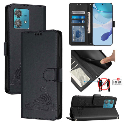 Motorola Edge 40 Neo 5G Leather Phone Case with Cat and Rat Embossed Pattern, RFID Protection, Card Holder Slots, Anti-fall Feature & Lanyard