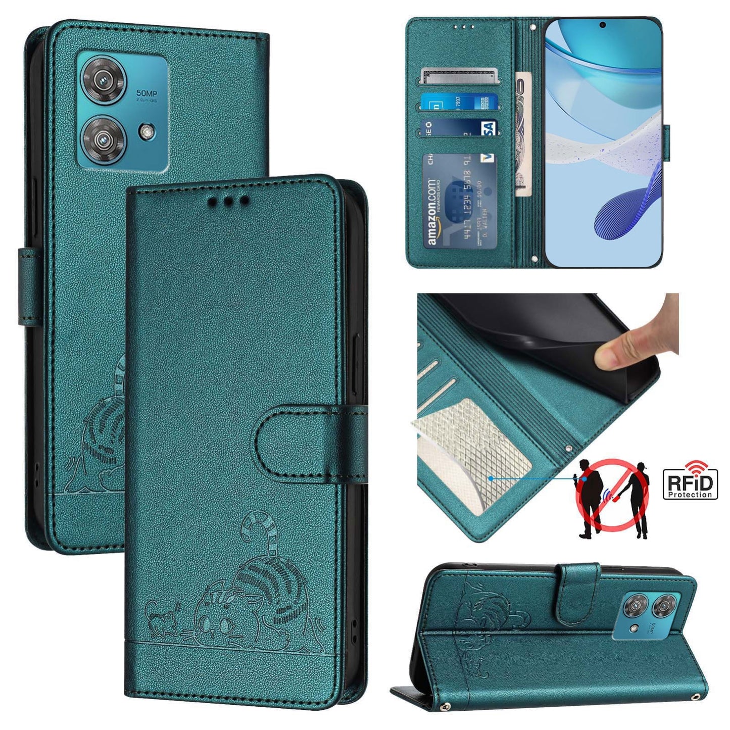 Motorola Edge 40 Neo 5G Leather Phone Case with Cat and Rat Embossed Pattern, RFID Protection, Card Holder Slots, Anti-fall Feature & Lanyard