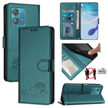 Motorola Edge 40 Neo 5G Leather Phone Case with Cat and Rat Embossed Pattern, RFID Protection, Card Holder Slots, Anti-fall Feature & Lanyard