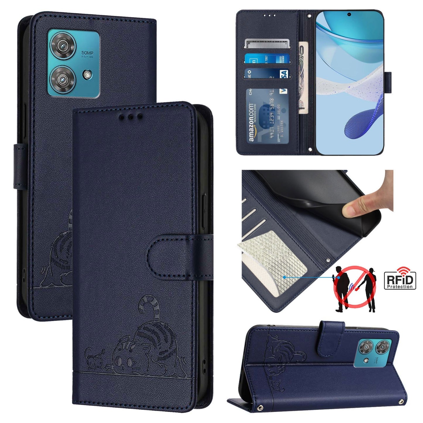 Motorola Edge 40 Neo 5G Leather Phone Case with Cat and Rat Embossed Pattern, RFID Protection, Card Holder Slots, Anti-fall Feature & Lanyard