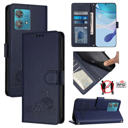 Motorola Edge 40 Neo 5G Leather Phone Case with Cat and Rat Embossed Pattern, RFID Protection, Card Holder Slots, Anti-fall Feature & Lanyard