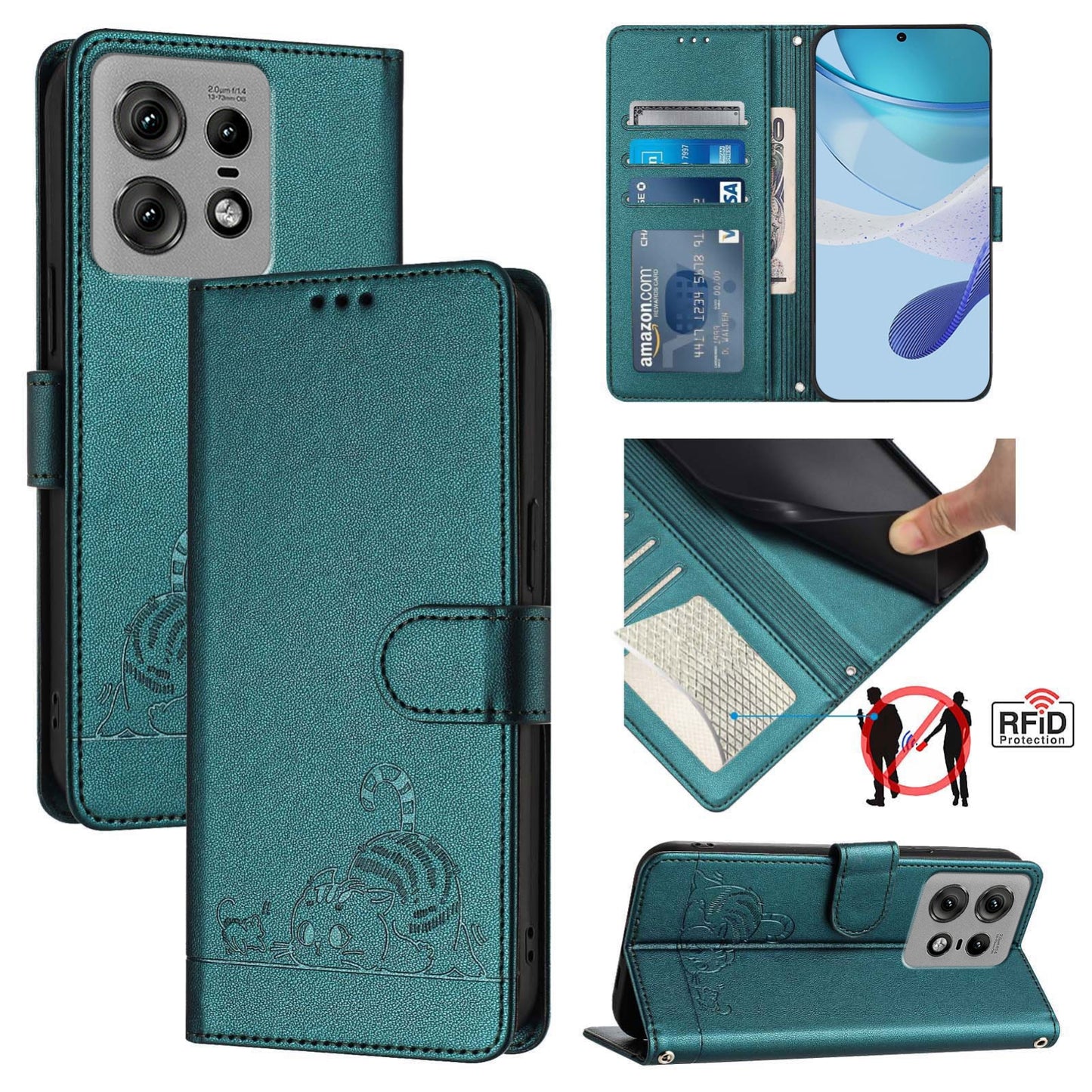 Motorola Edge 50 Pro Leather Phone Case with Cat and Rat Embossed Pattern, RFID Protection, Card Holder Slots, Anti-fall Feature & Lanyard