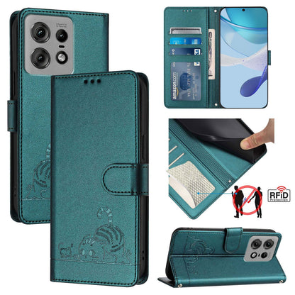 Motorola Edge 50 Pro Leather Phone Case with Cat and Rat Embossed Pattern, RFID Protection, Card Holder Slots, Anti-fall Feature & Lanyard