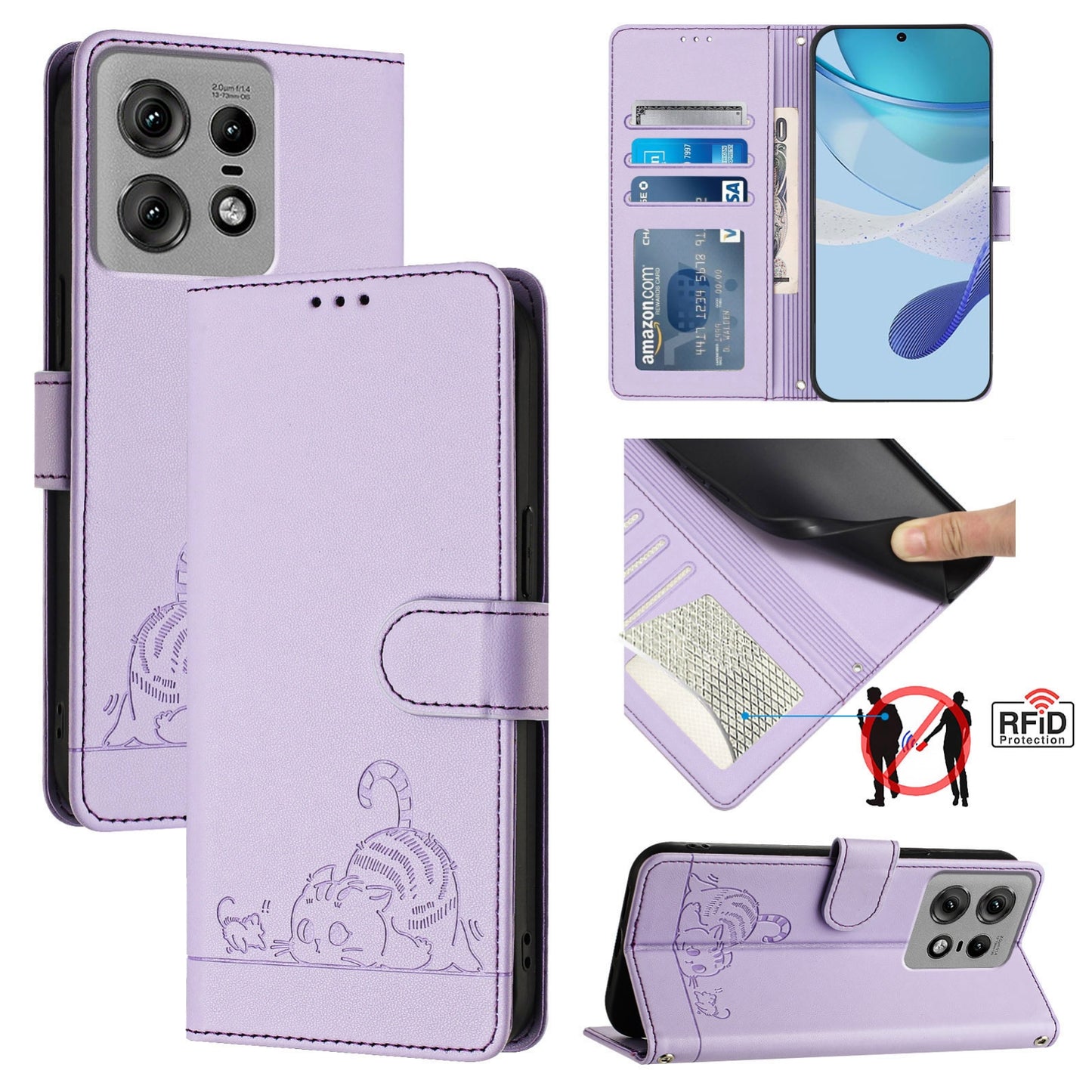 Motorola Edge 50 Pro Leather Phone Case with Cat and Rat Embossed Pattern, RFID Protection, Card Holder Slots, Anti-fall Feature & Lanyard