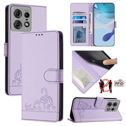 Motorola Edge 50 Pro Leather Phone Case with Cat and Rat Embossed Pattern, RFID Protection, Card Holder Slots, Anti-fall Feature & Lanyard
