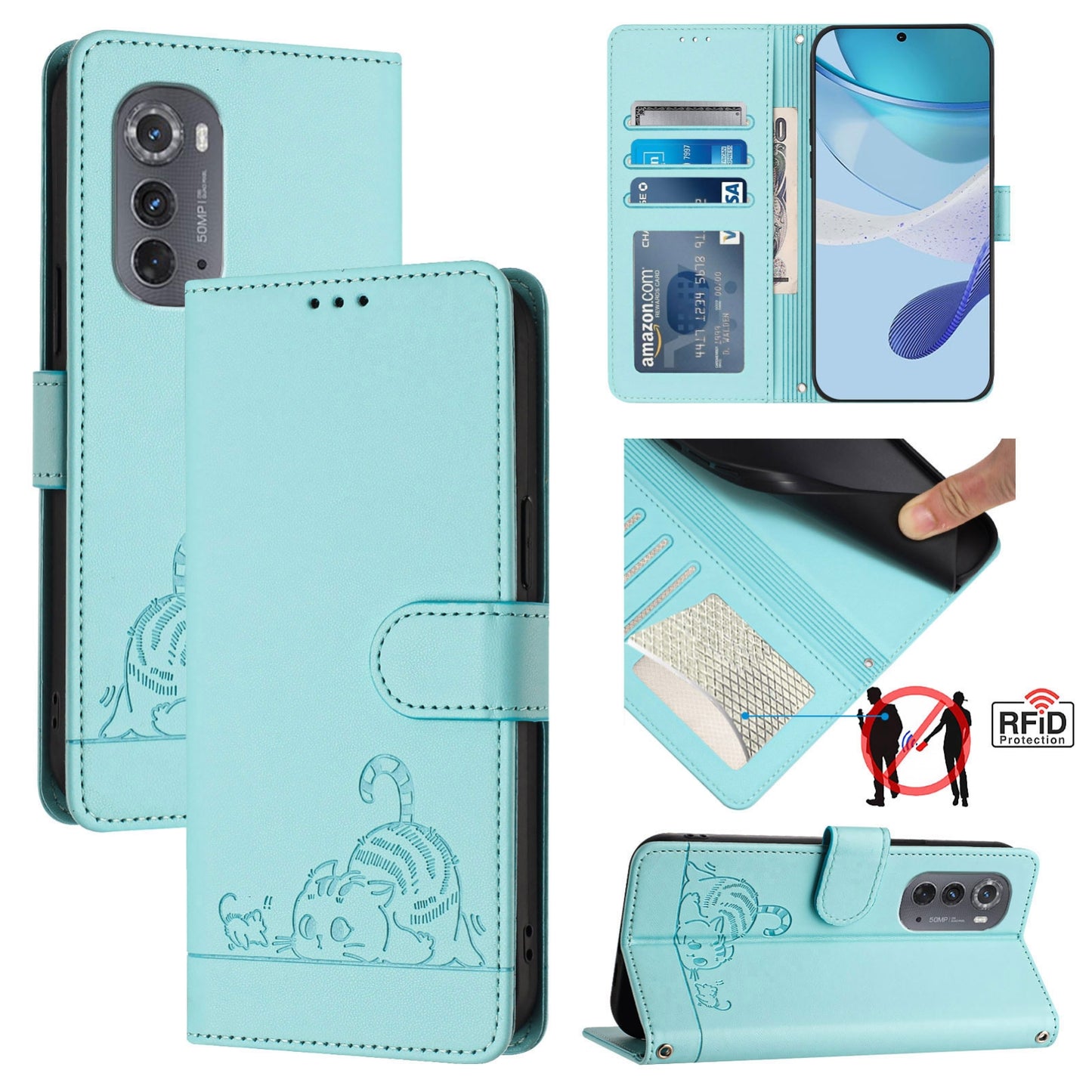 Motorola Edge 2022 Leather Phone Case with Cat and Rat Embossed Pattern, RFID Protection, Card Holder Slots, Anti-fall Feature & Lanyard