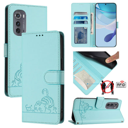 Motorola Edge 2022 Leather Phone Case with Cat and Rat Embossed Pattern, RFID Protection, Card Holder Slots, Anti-fall Feature & Lanyard
