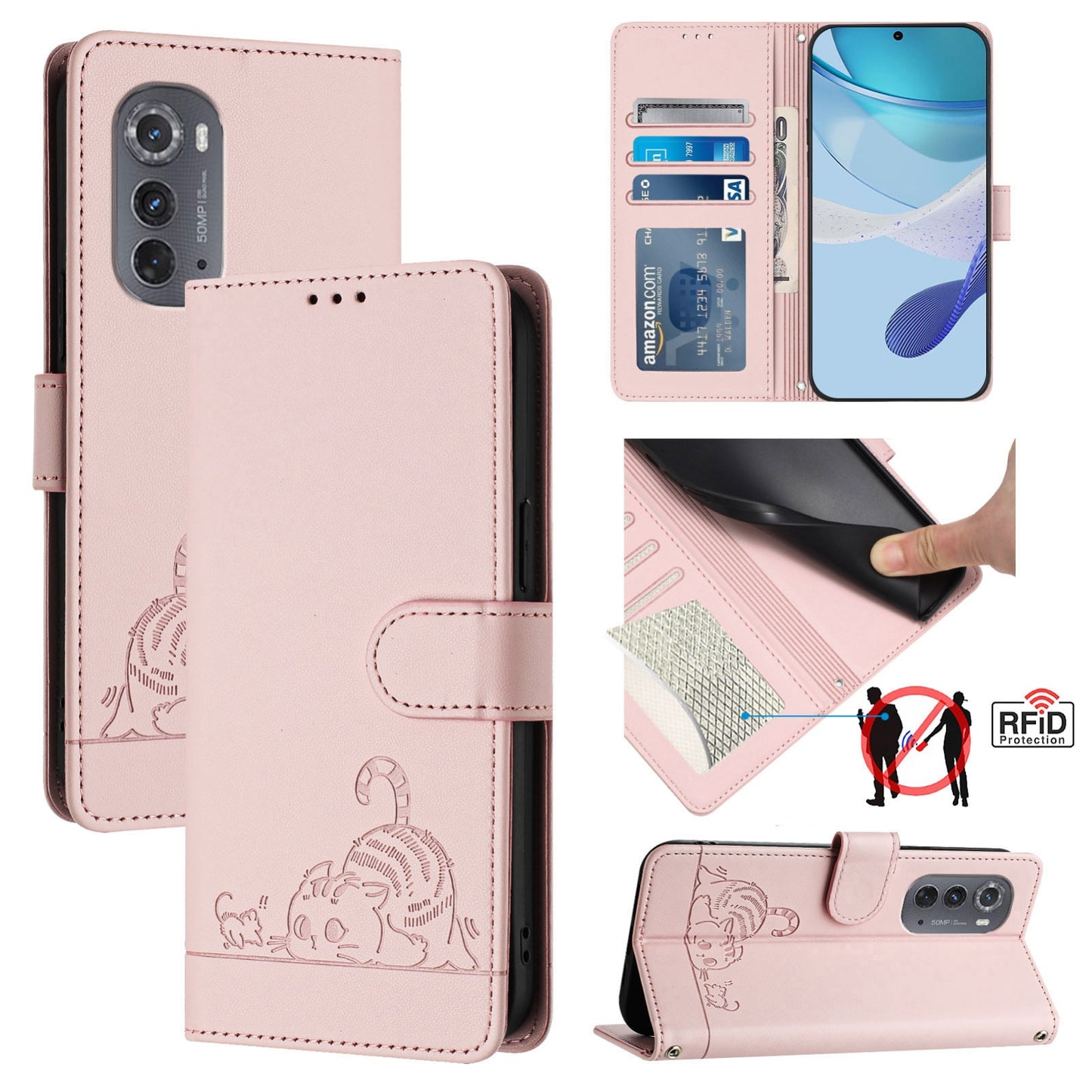 Motorola Edge 2022 Leather Phone Case with Cat and Rat Embossed Pattern, RFID Protection, Card Holder Slots, Anti-fall Feature & Lanyard