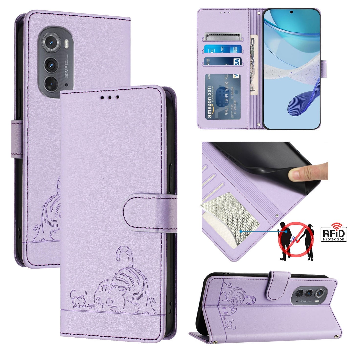 Motorola Edge 2022 Leather Phone Case with Cat and Rat Embossed Pattern, RFID Protection, Card Holder Slots, Anti-fall Feature & Lanyard