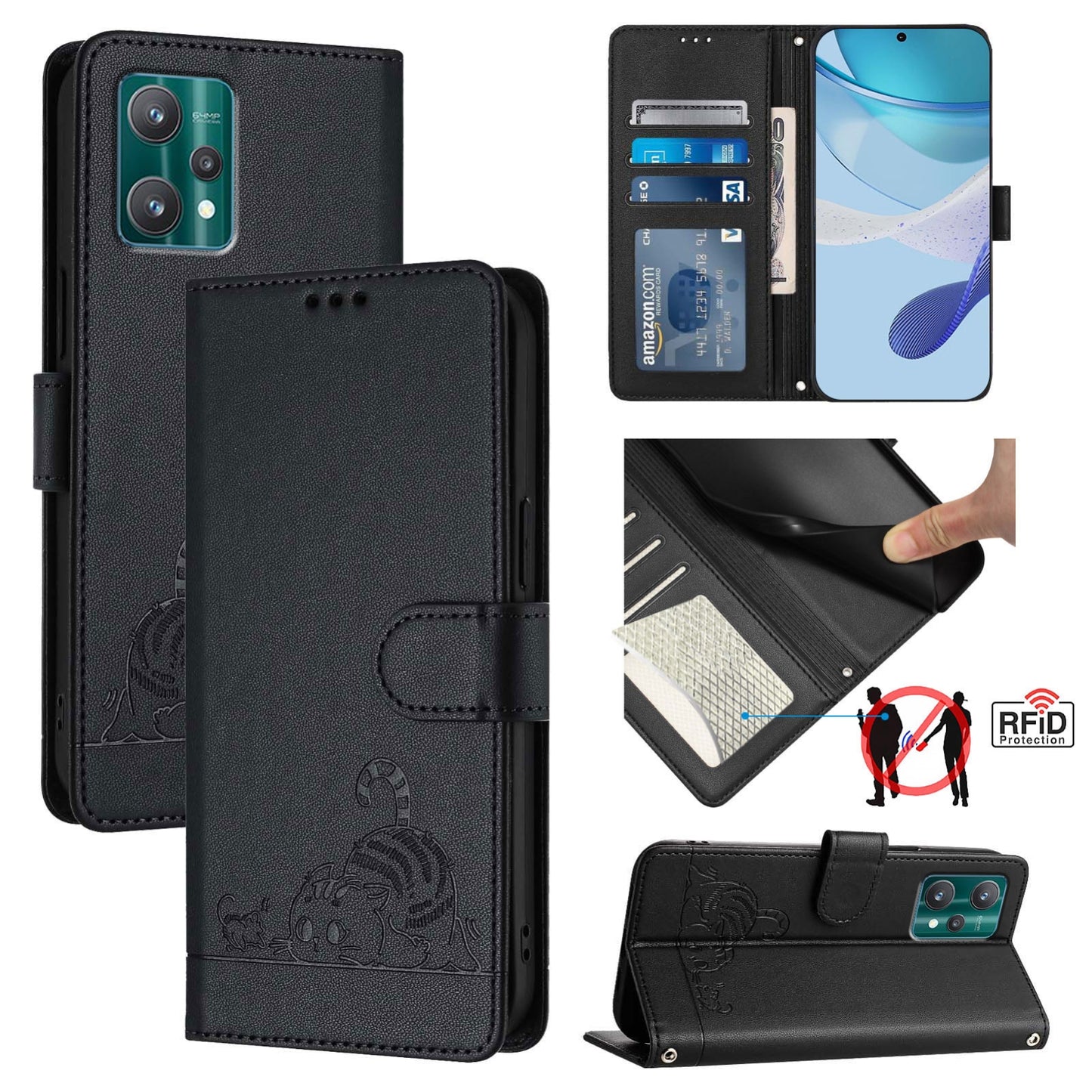 Motorola Moto X40 Leather Phone Case with Cat and Rat Embossed Pattern, RFID Protection, Card Holder Slots, Anti-fall Feature & Lanyard