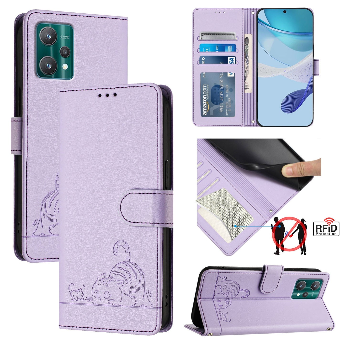 Motorola Edge+ 2023 Leather Phone Case with Cat and Rat Embossed Pattern, RFID Protection, Card Holder Slots, Anti-fall Feature & Lanyard