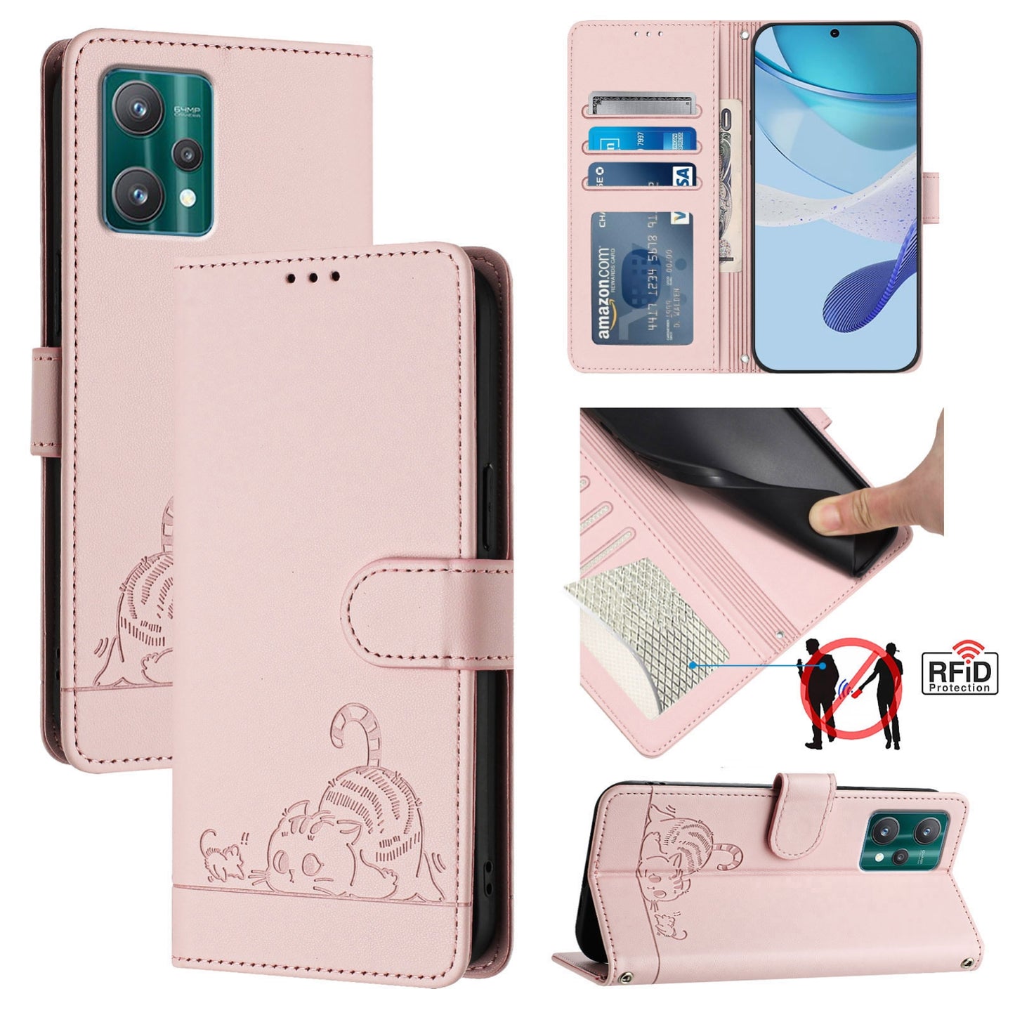 Motorola Edge 40 Pro 5G Leather Phone Case with Cat and Rat Embossed Pattern, RFID Protection, Card Holder Slots, Anti-fall Feature & Lanyard