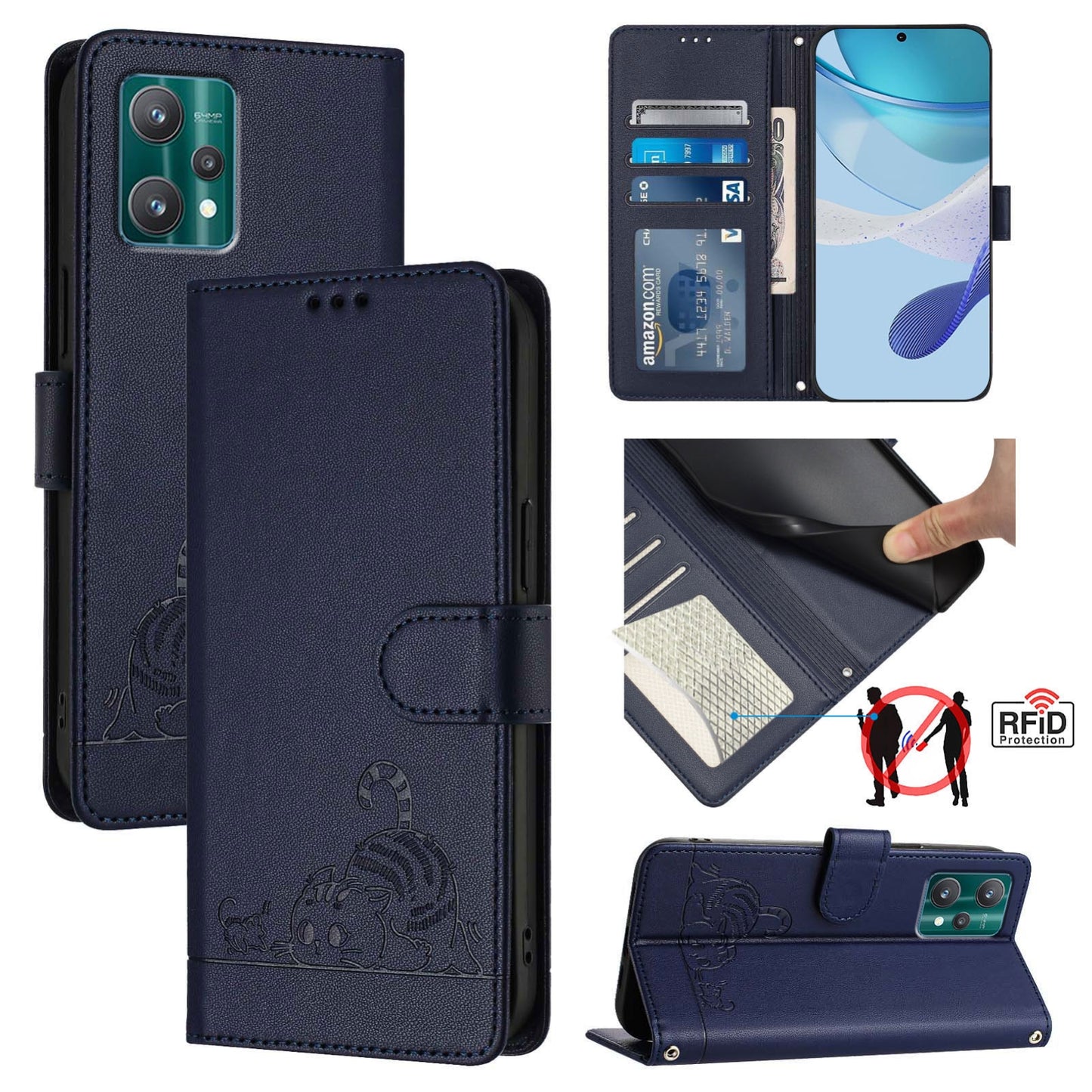 Motorola Edge 40 Pro 5G Leather Phone Case with Cat and Rat Embossed Pattern, RFID Protection, Card Holder Slots, Anti-fall Feature & Lanyard