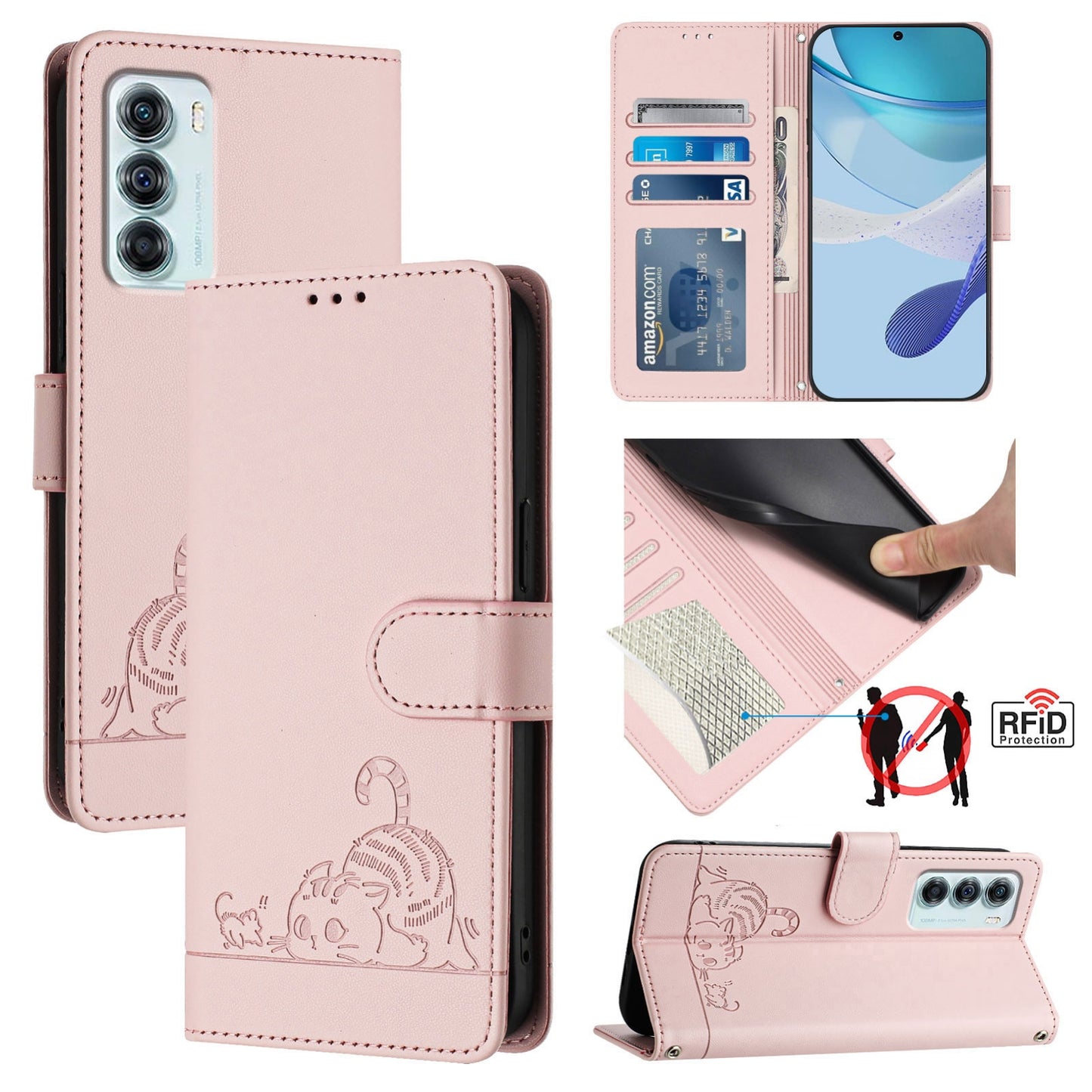 Motorola Edge S30 Leather Phone Case with Cat and Rat Embossed Pattern, RFID Protection, Card Holder Slots, Anti-fall Feature & Lanyard