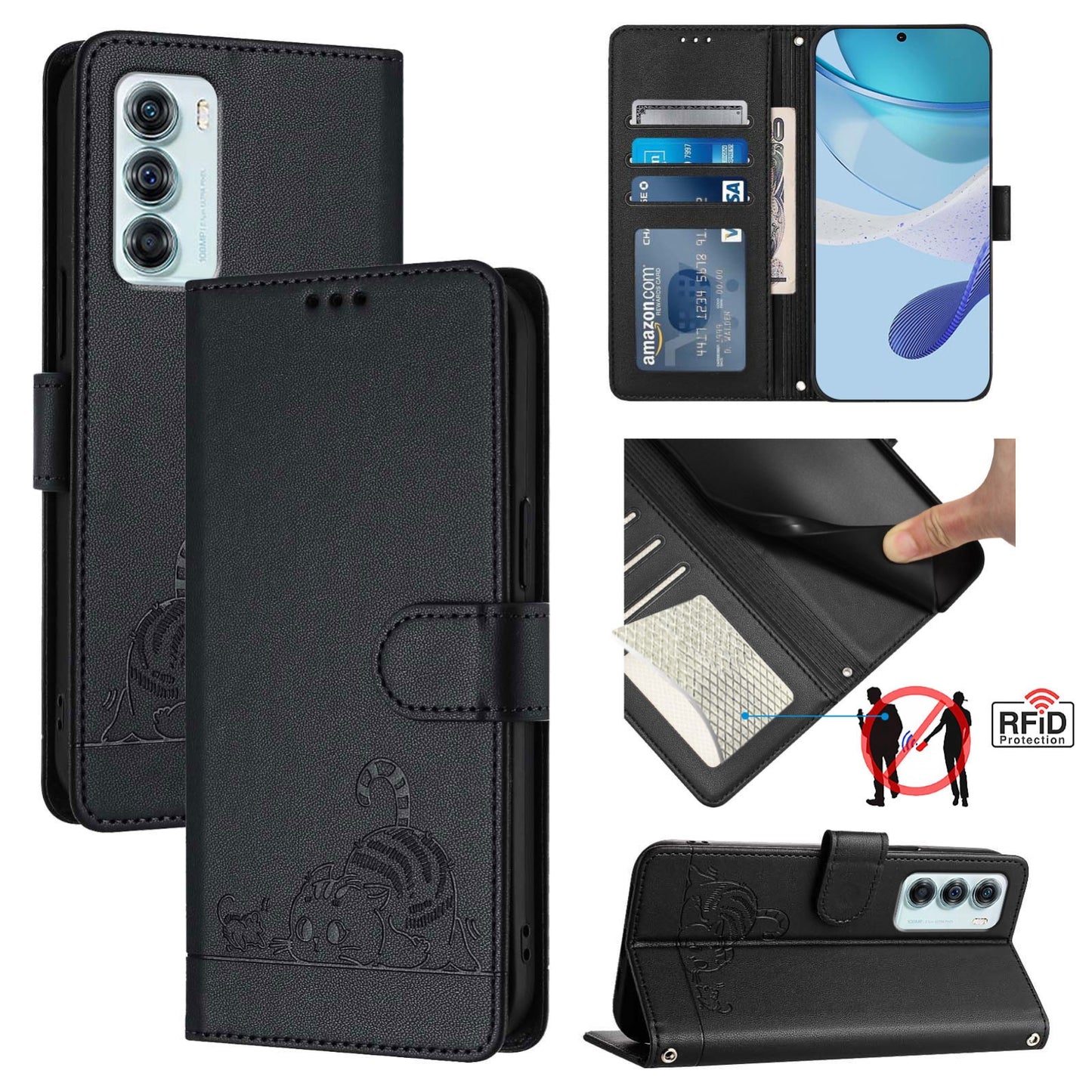 Motorola Edge S30 Leather Phone Case with Cat and Rat Embossed Pattern, RFID Protection, Card Holder Slots, Anti-fall Feature & Lanyard