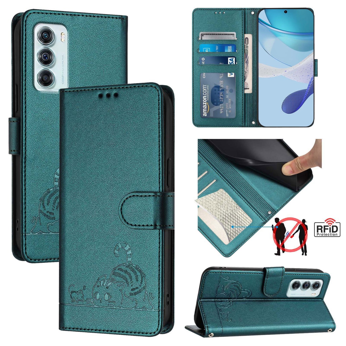 Motorola Edge S30 Leather Phone Case with Cat and Rat Embossed Pattern, RFID Protection, Card Holder Slots, Anti-fall Feature & Lanyard