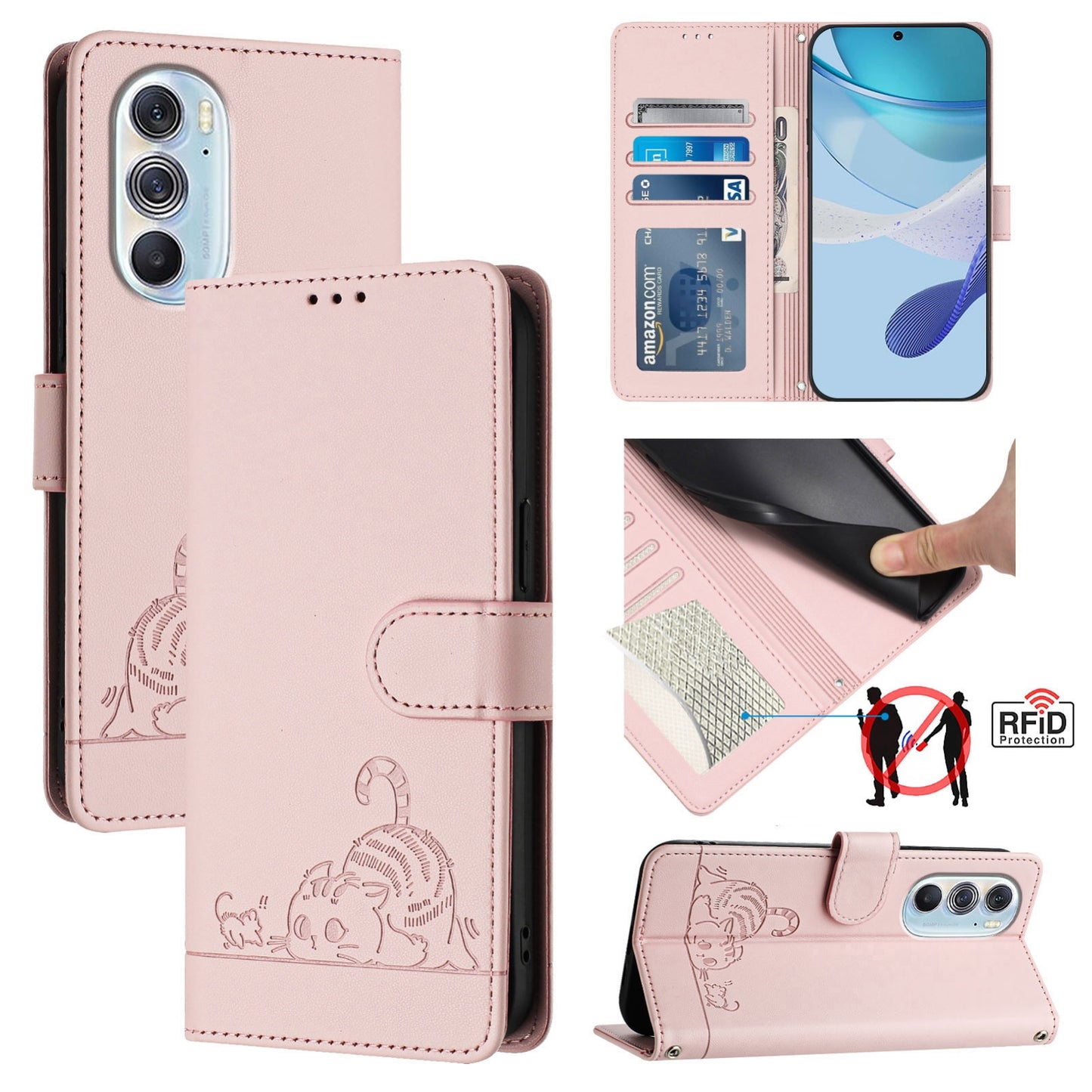 Motorola Edge X30 5G Leather Phone Case with Cat and Rat Embossed Pattern, RFID Protection, Card Holder Slots, Anti-fall Feature & Lanyard