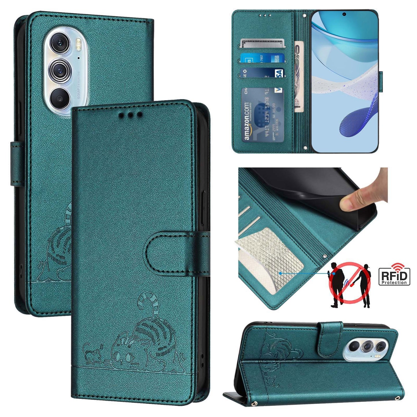 Motorola Edge X30 5G Leather Phone Case with Cat and Rat Embossed Pattern, RFID Protection, Card Holder Slots, Anti-fall Feature & Lanyard