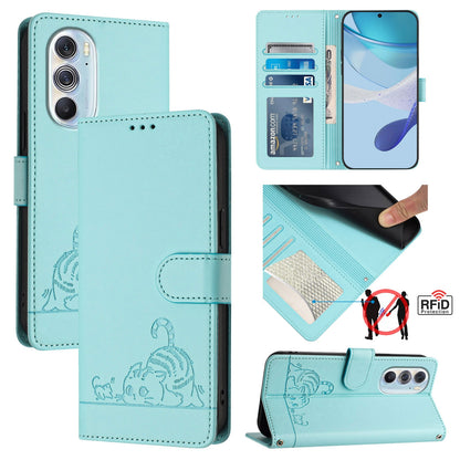 Motorola Edge+ 2022 Leather Phone Case with Cat and Rat Embossed Pattern, RFID Protection, Card Holder Slots, Anti-fall Feature & Lanyard