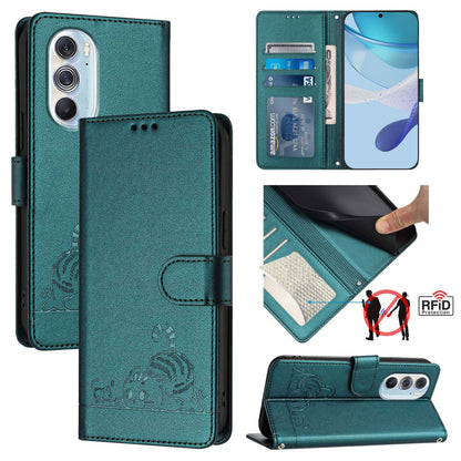 Motorola Edge+ 2022 Leather Phone Case with Cat and Rat Embossed Pattern, RFID Protection, Card Holder Slots, Anti-fall Feature & Lanyard