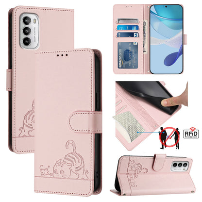 Motorola Moto G 5G 2022 Leather Phone Case with Cat and Rat Embossed Pattern, RFID Protection, Card Holder Slots, Anti-fall Feature & Lanyard