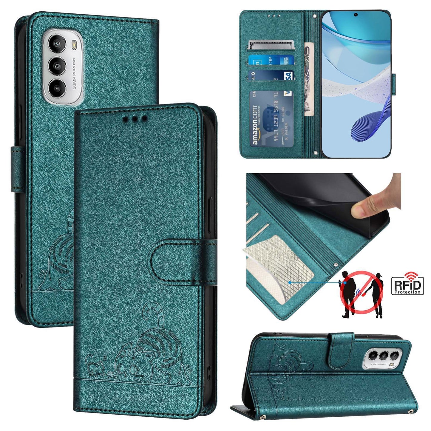Motorola Moto G 5G 2022 Leather Phone Case with Cat and Rat Embossed Pattern, RFID Protection, Card Holder Slots, Anti-fall Feature & Lanyard